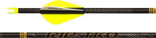 Carbon arrow with yellow fletching close-up