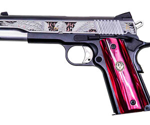 Engraved silver handgun with red grip