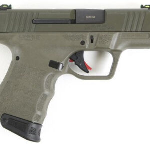 Olive green semi-automatic handgun on white background