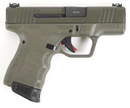 Olive green semi-automatic handgun on white background