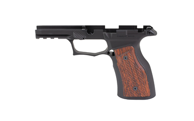 Black pistol frame with wooden grip panels