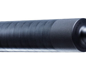 Black cylindrical firearm suppressor with threaded end