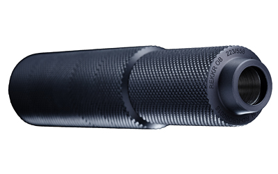 Black firearm suppressor with threaded barrel end