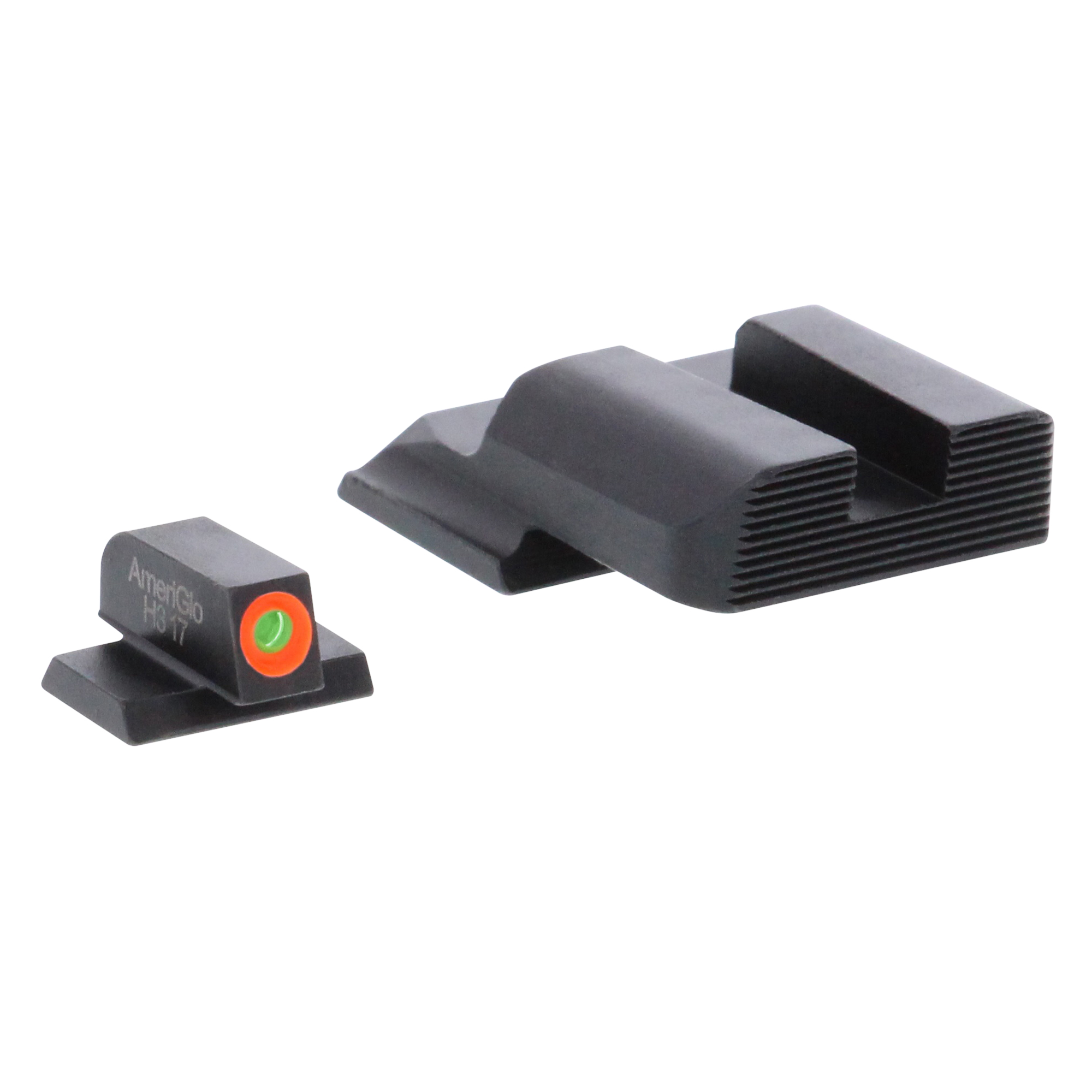Black pistol sights with green fiber optic front