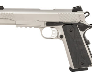 Silver semi-automatic handgun on white background