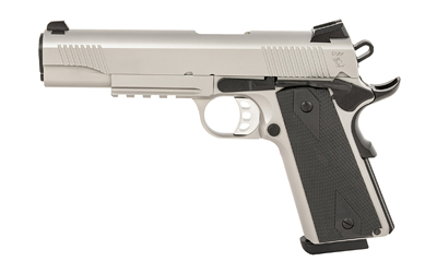 Silver semi-automatic handgun on white background