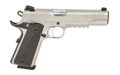 Silver semi-automatic pistol with black grip