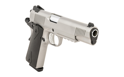 Silver semi-automatic handgun on white background