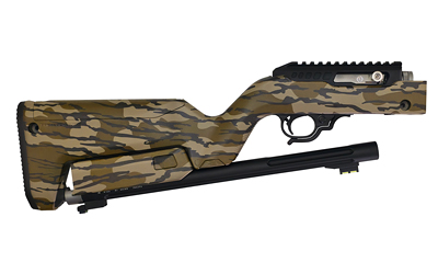 Camouflaged bullpup-style shotgun on white background