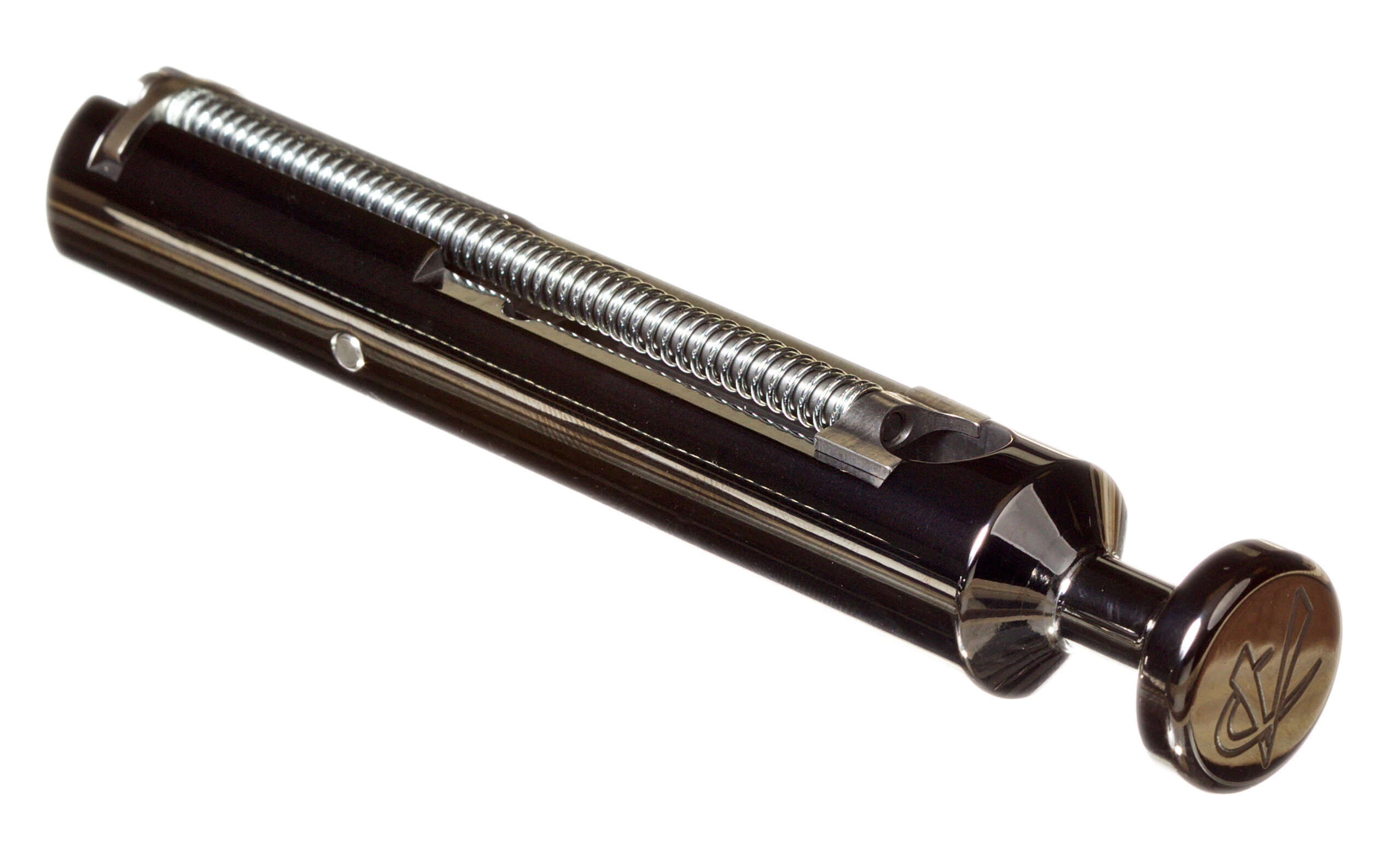 Metal spring-loaded cylindrical device with plunger knob