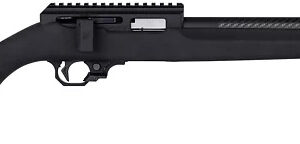 Black bolt-action rifle with suppressor and rail