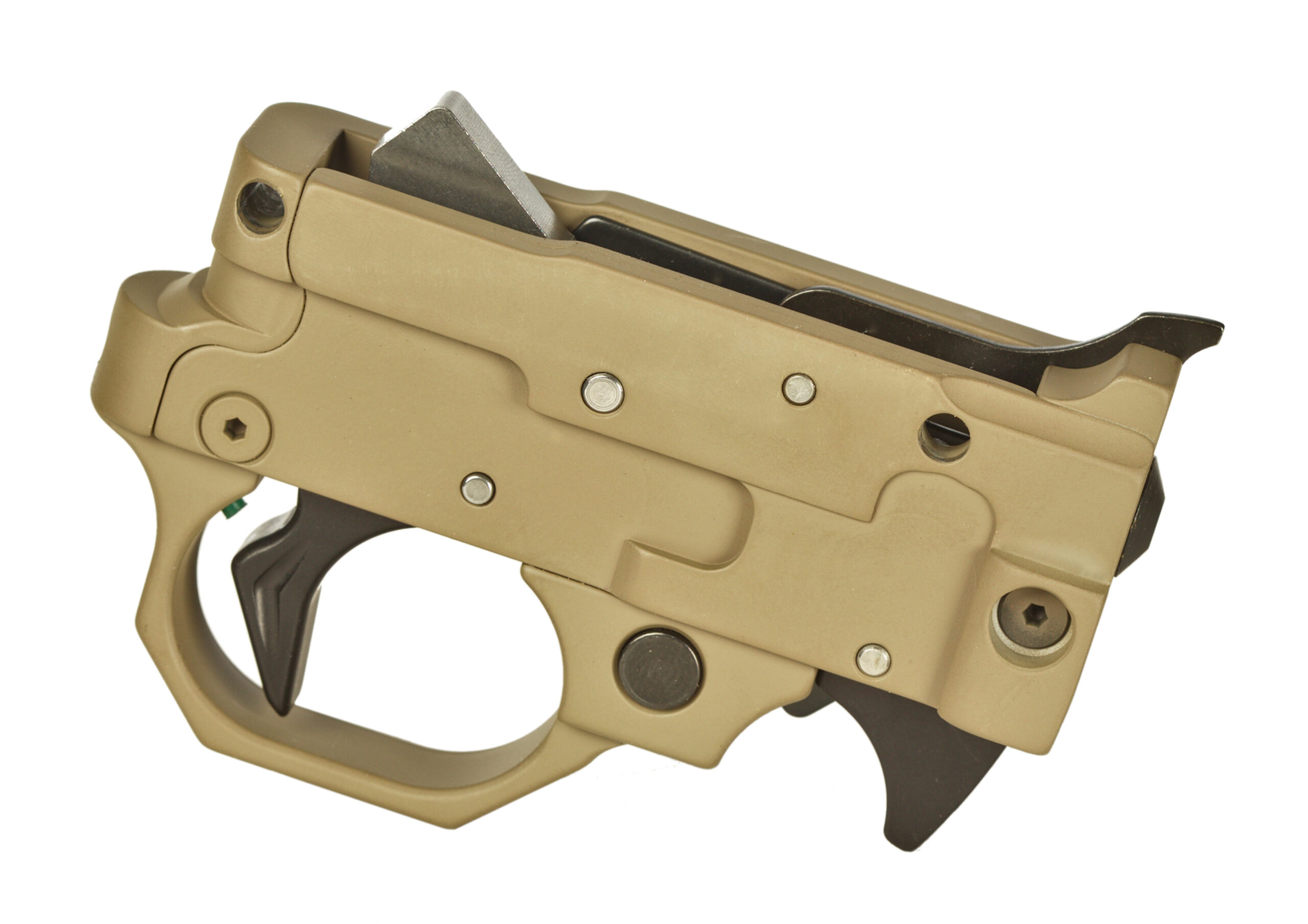 Close-up of tan rifle trigger mechanism