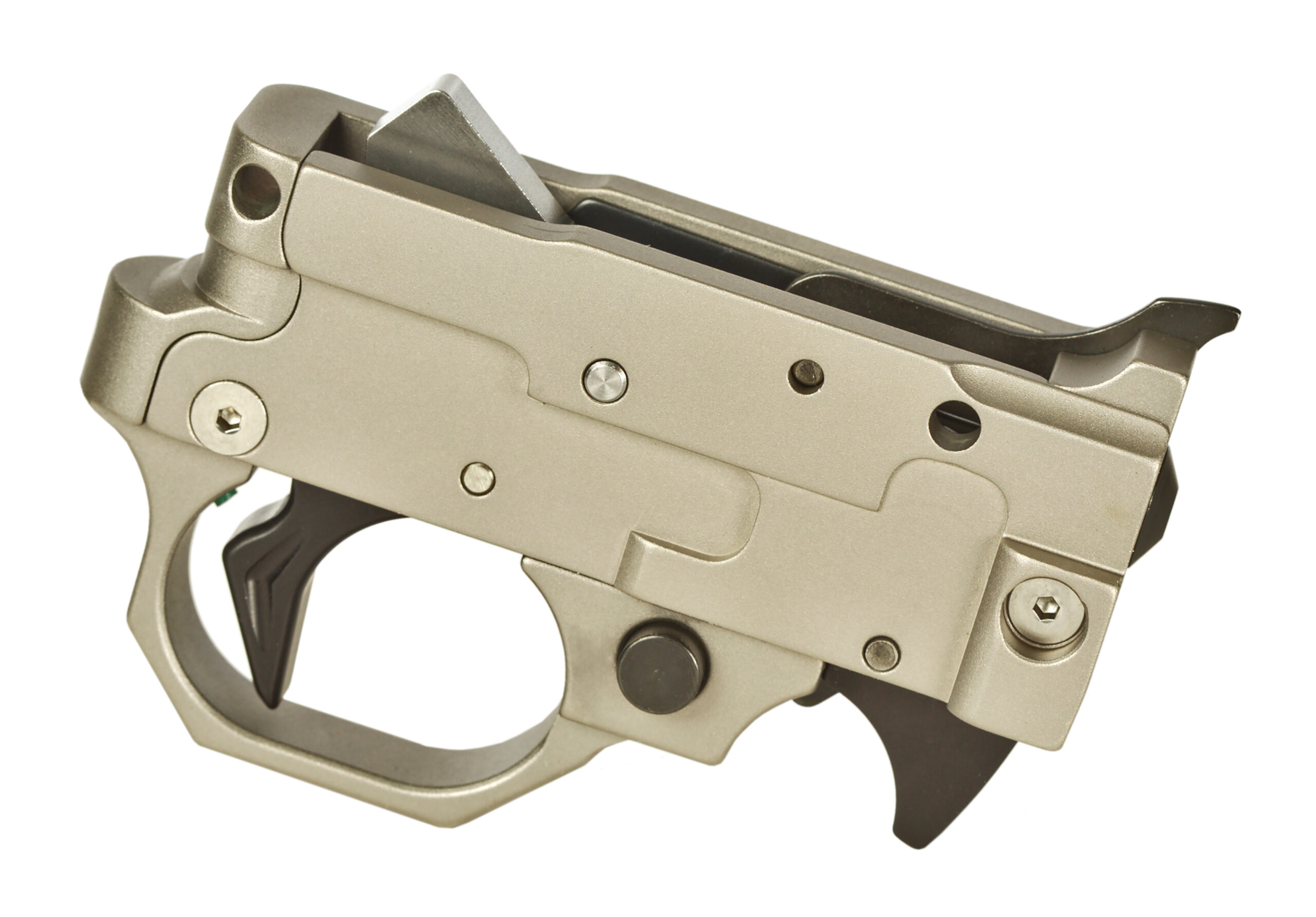 Close-up of handgun trigger and frame assembly