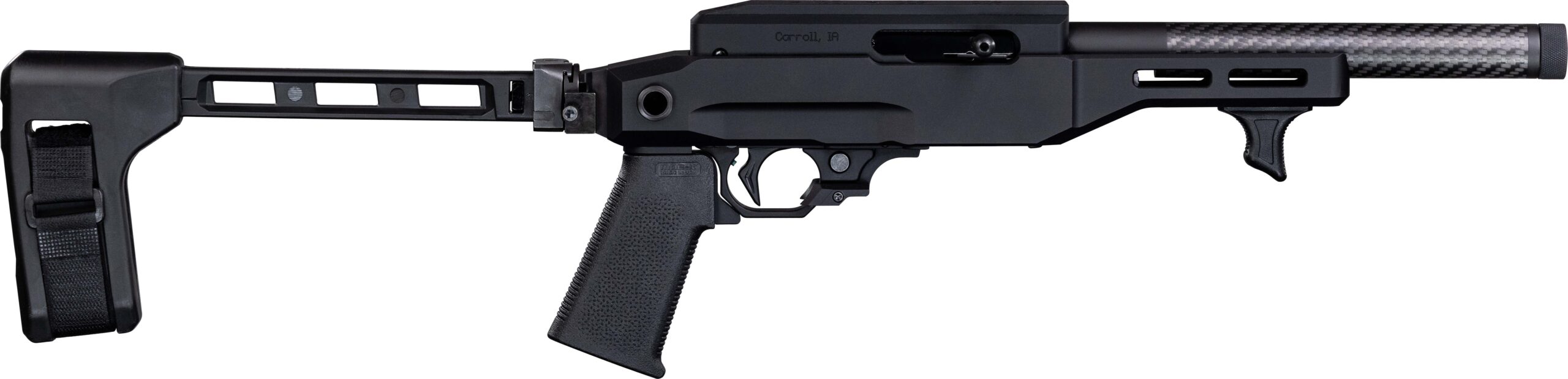 Black tactical rifle with brace and foregrip