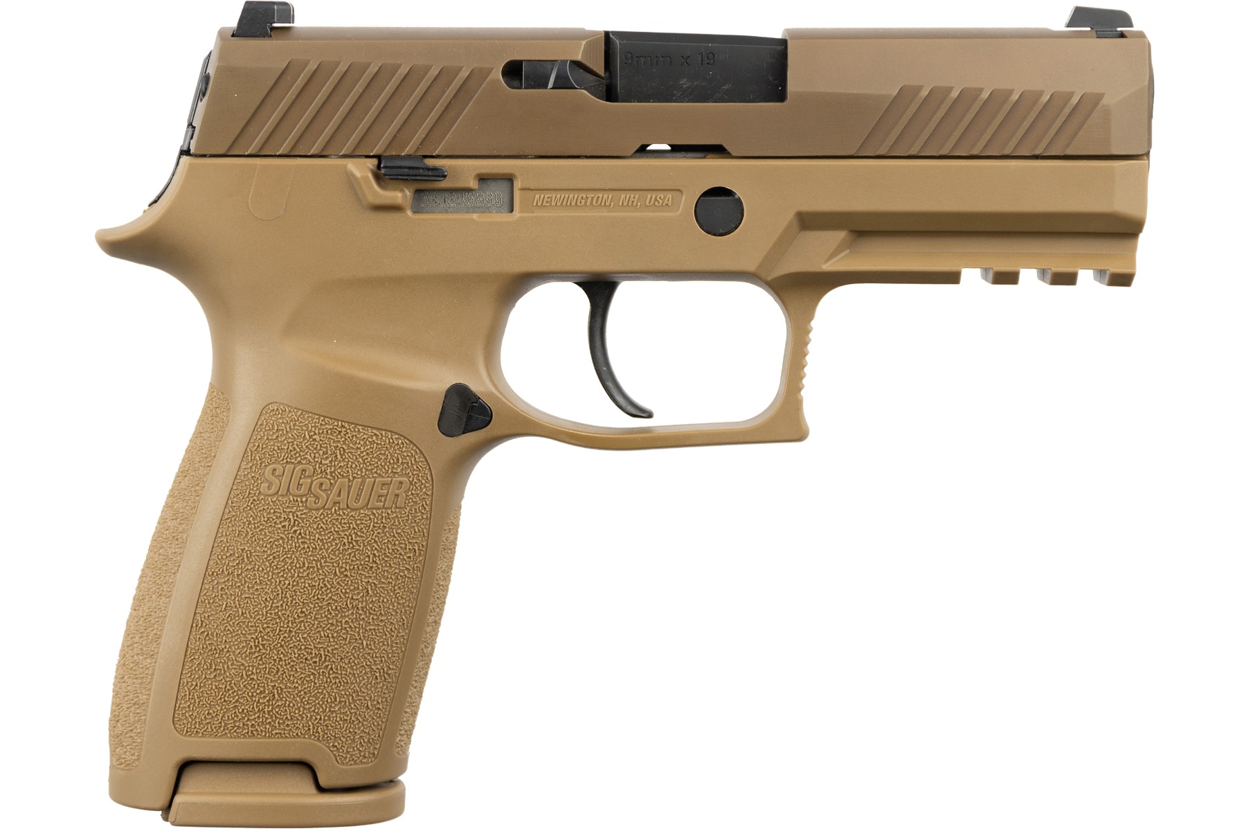Tan Sig Sauer semi-automatic handgun on white background