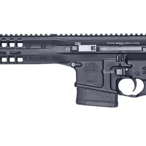 Modern black tactical semi-automatic rifle on white background