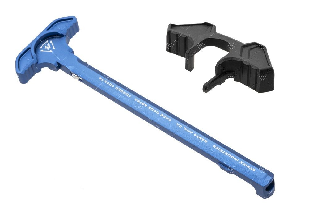 Blue AR-15 charging handle with black accessory