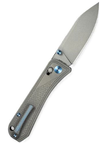 Gray folding knife with blue accents