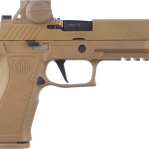 Tan semi-automatic handgun with mounted optic sight