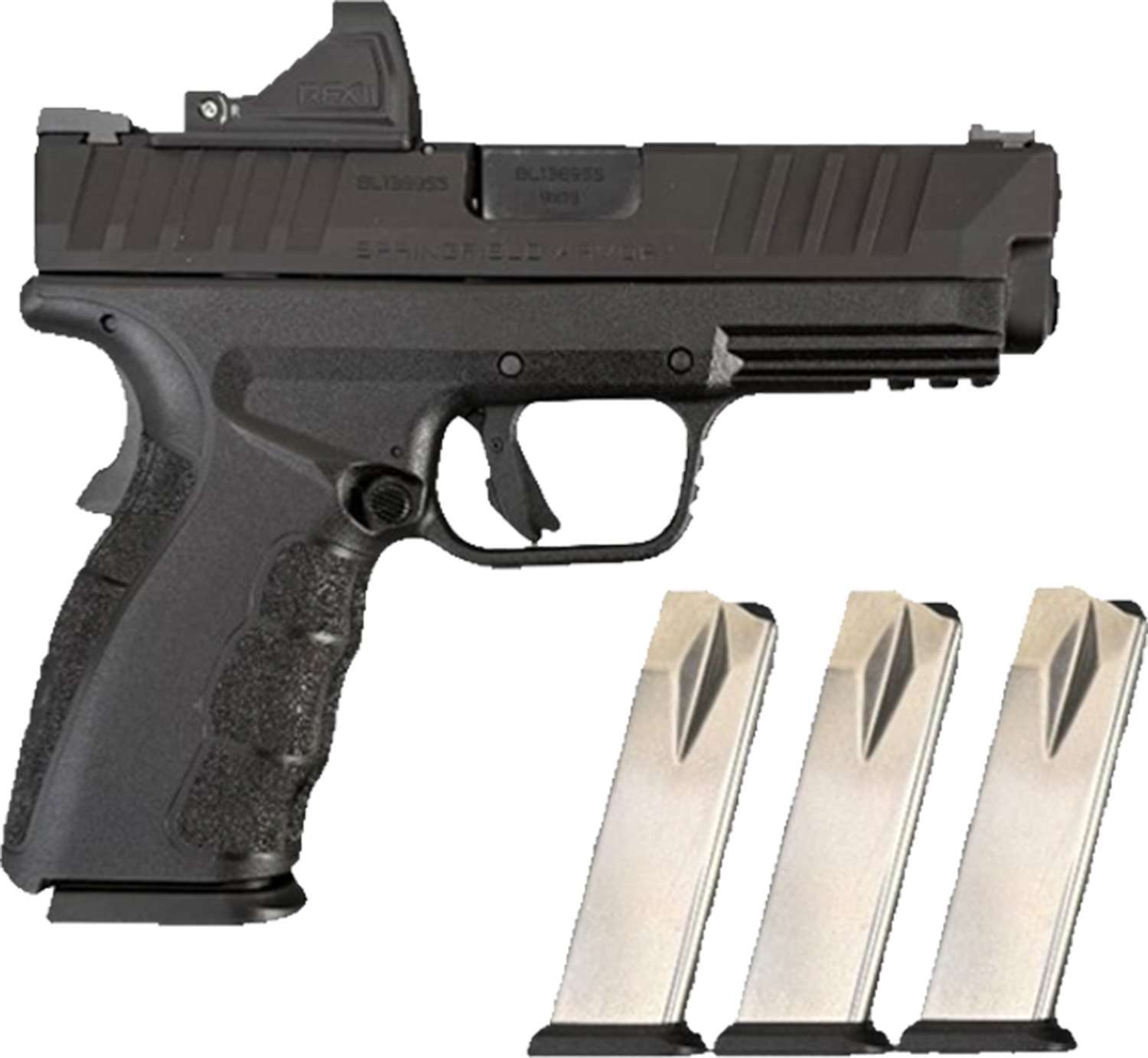 Black semi-automatic pistol with three magazines