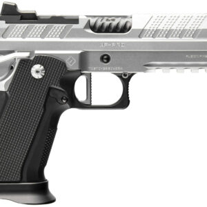Silver and black semi-automatic pistol side view