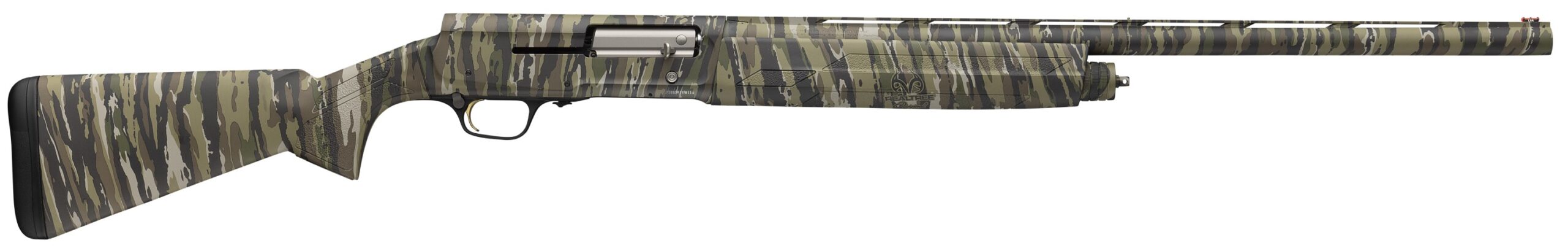 Camouflage-patterned semi-automatic hunting shotgun side view