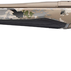 Camouflage bolt-action rifle with threaded barrel and black stock accents