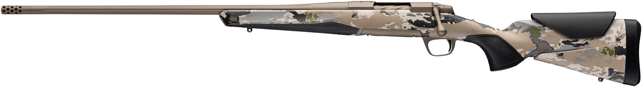Camouflage bolt-action rifle with threaded barrel and black stock accents