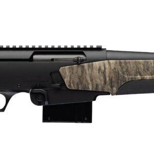 Camouflage-stock semi-automatic hunting rifle on white background