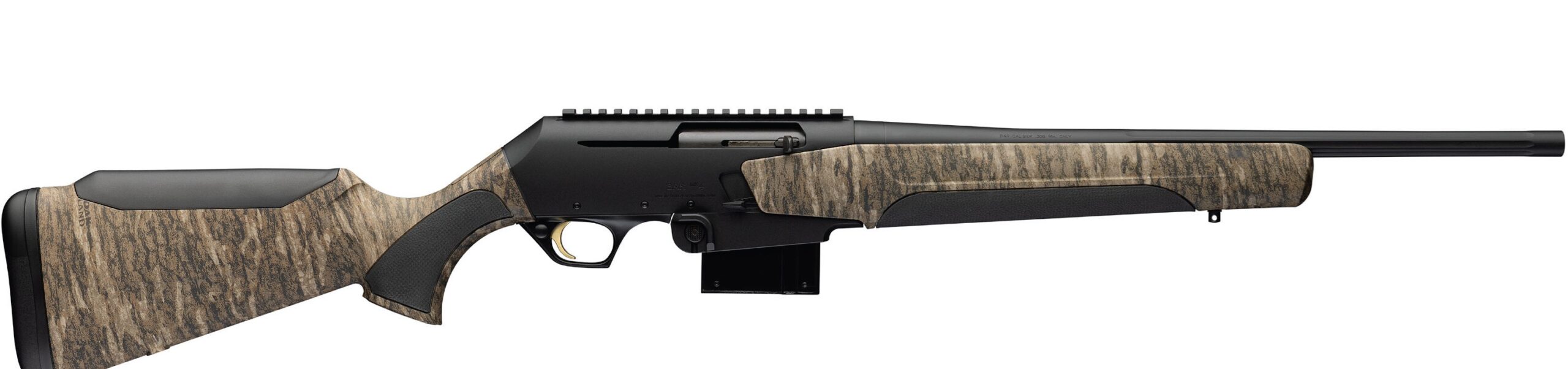 Camouflage-stock semi-automatic hunting rifle on white background
