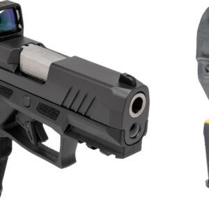 Black semi-automatic pistol with red-dot sight, holster, and magazines