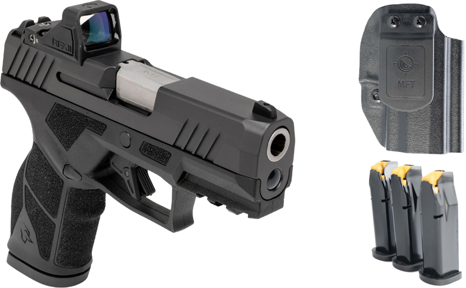 Black semi-automatic pistol with red-dot sight, holster, and magazines