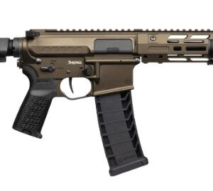 Tan AR-style pistol with brace and curved magazine