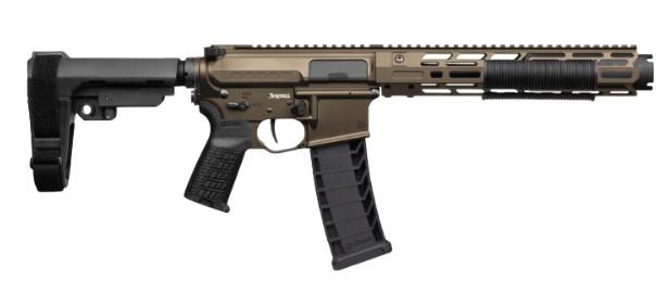Tan AR-style pistol with brace and curved magazine