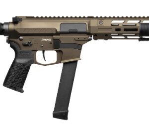 Tan tactical firearm with pistol brace and extended magazine