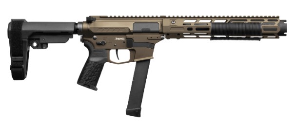 Tan tactical firearm with pistol brace and extended magazine