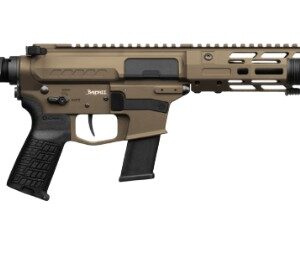 Tan tactical rifle with black adjustable stock and handguard