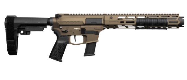 Tan tactical rifle with black adjustable stock and handguard