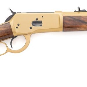 Gold-finished lever-action rifle with walnut stock