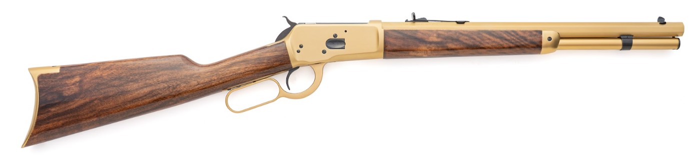 Gold-finished lever-action rifle with walnut stock