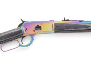 Color-case-hardened lever-action rifle with dark wooden stock