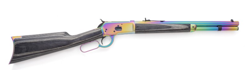 Color-case-hardened lever-action rifle with dark wooden stock