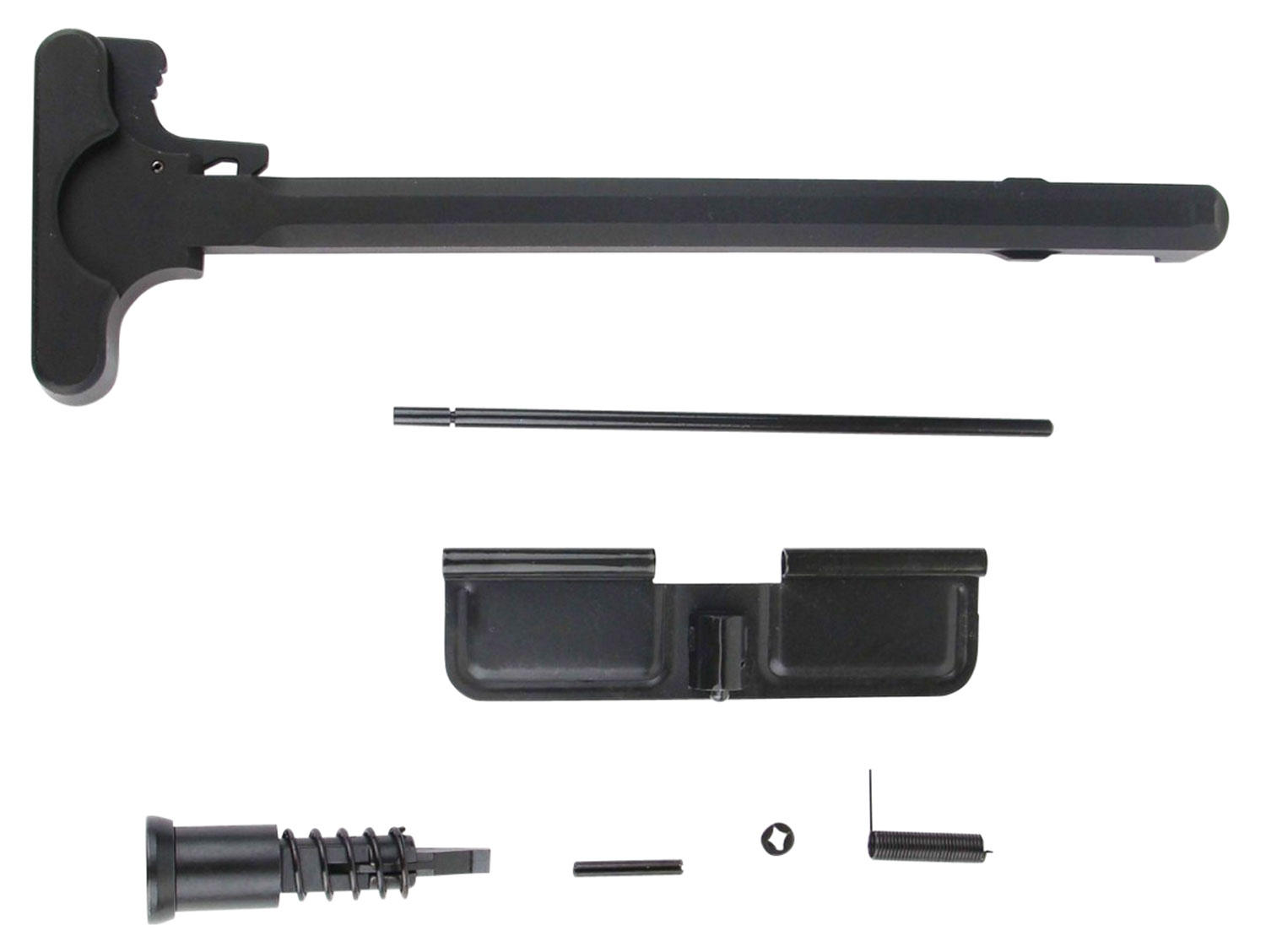 Black mechanical assembly components laid out on white background