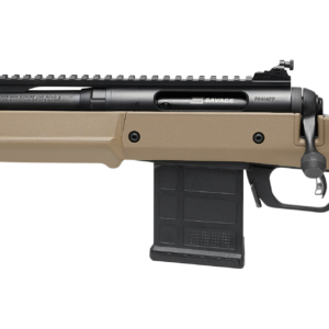 Tan Savage MSR-style semi-automatic rifle with black components