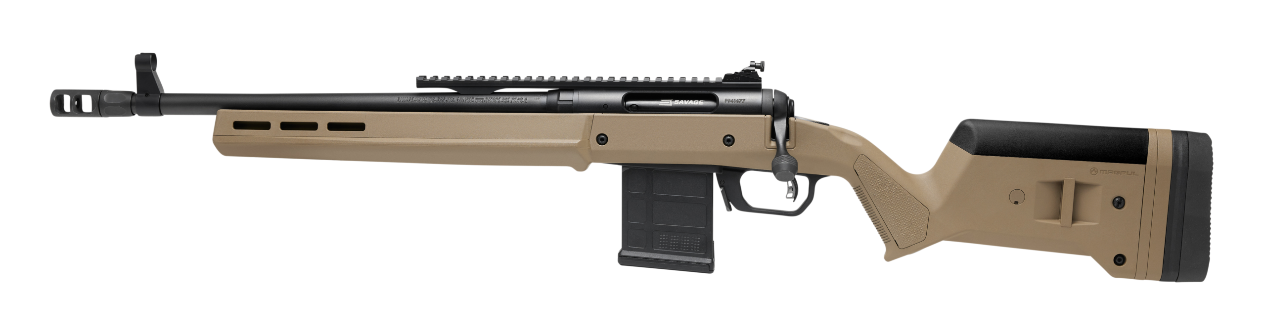 Tan Savage MSR-style semi-automatic rifle with black components