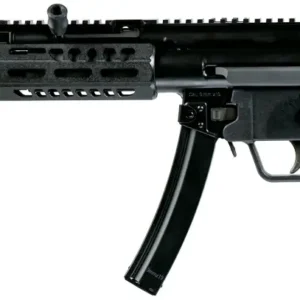 Compact black submachine gun with suppressor and folding stock