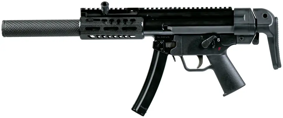 Compact black submachine gun with suppressor and folding stock