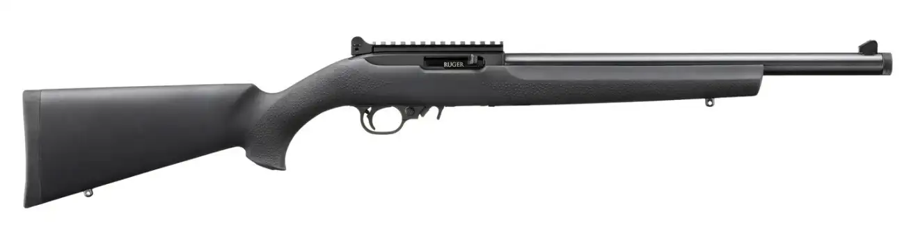 Black Ruger rifle with synthetic stock on white background