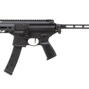 Black compact semi-automatic firearm with folding stock