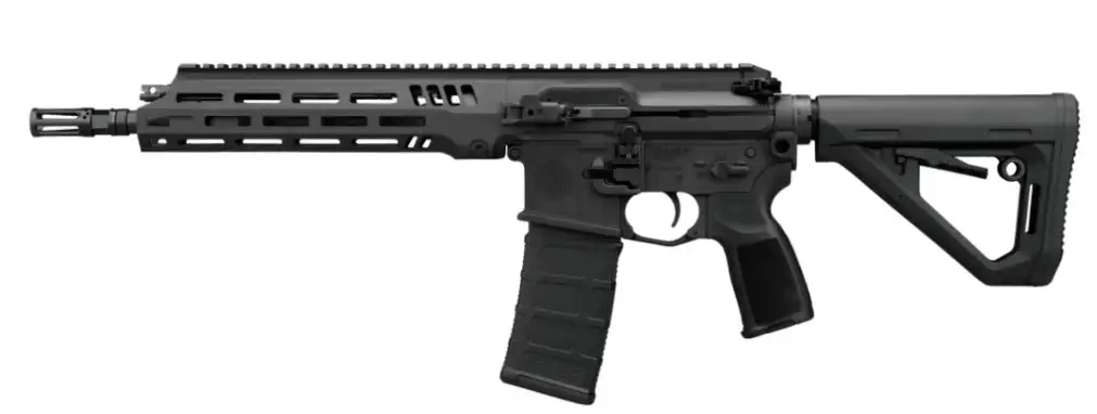 Black AR-style semi-automatic rifle with adjustable stock